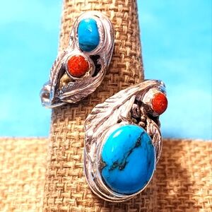 Navajo Vintage Turquoise, Coral, and Sterling Ring
